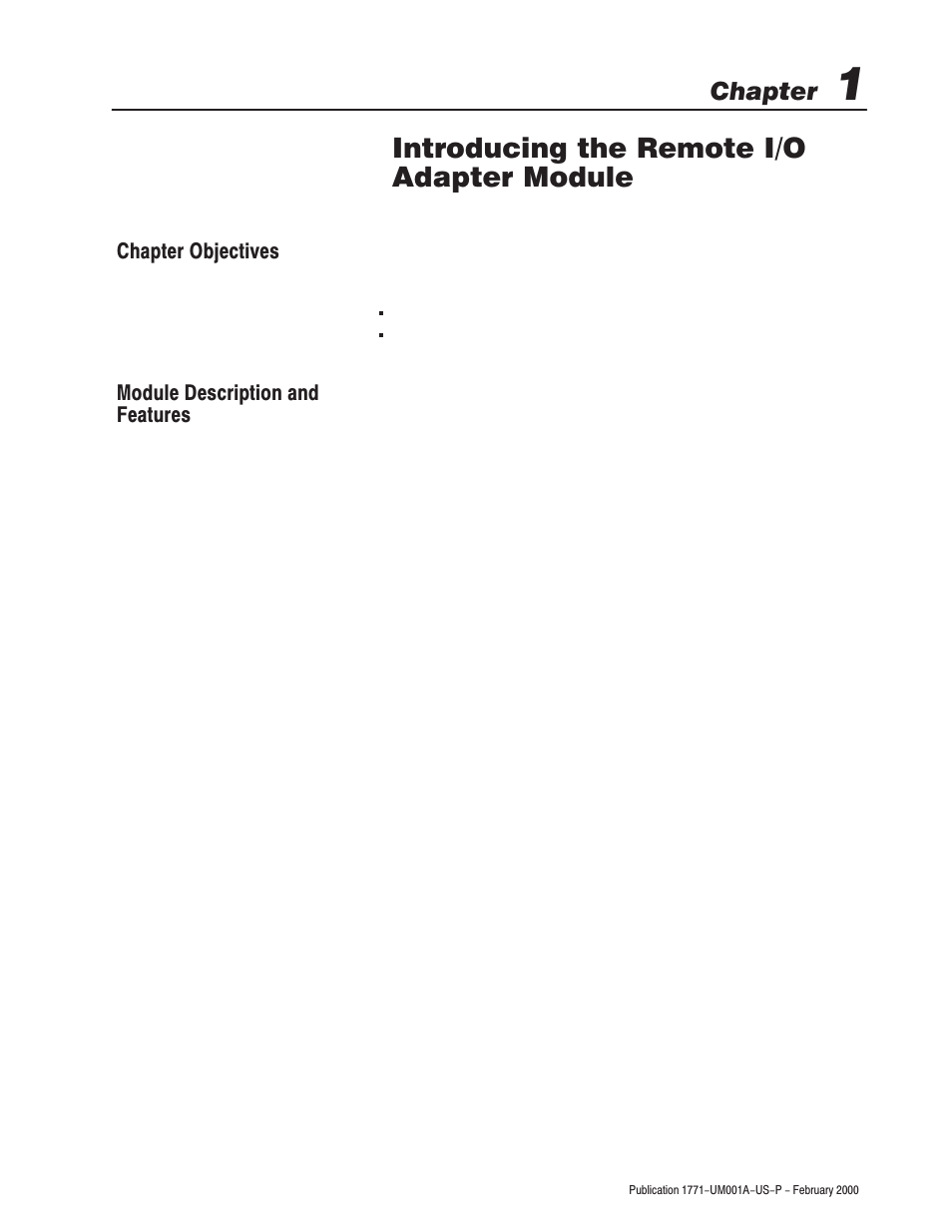 1 - introducing the remote i/o adapter module, Chapter objectives, Module description and features | Introducing the remote i/o adapter module, Chapter | Rockwell Automation 1771-ASB/E Remote I/O Adapter User Manual User Manual | Page 11 / 94