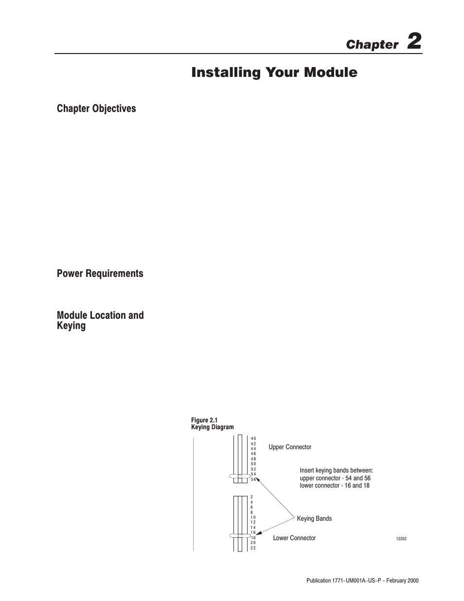 2 - installing your module, Chapter objectives, Power requirements | Module location and keying, Installing your module, Chapter | Rockwell Automation 1771-ASB/E Remote I/O Adapter User Manual User Manual | Page 15 / 94