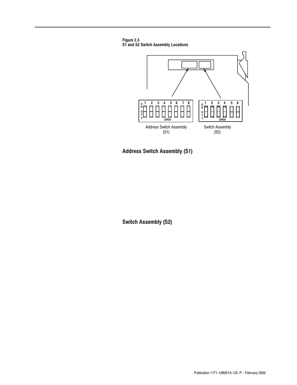 Address switch assembly (s1), Switch assembly (s2) | Rockwell Automation 1771-ASB/E Remote I/O Adapter User Manual User Manual | Page 17 / 94