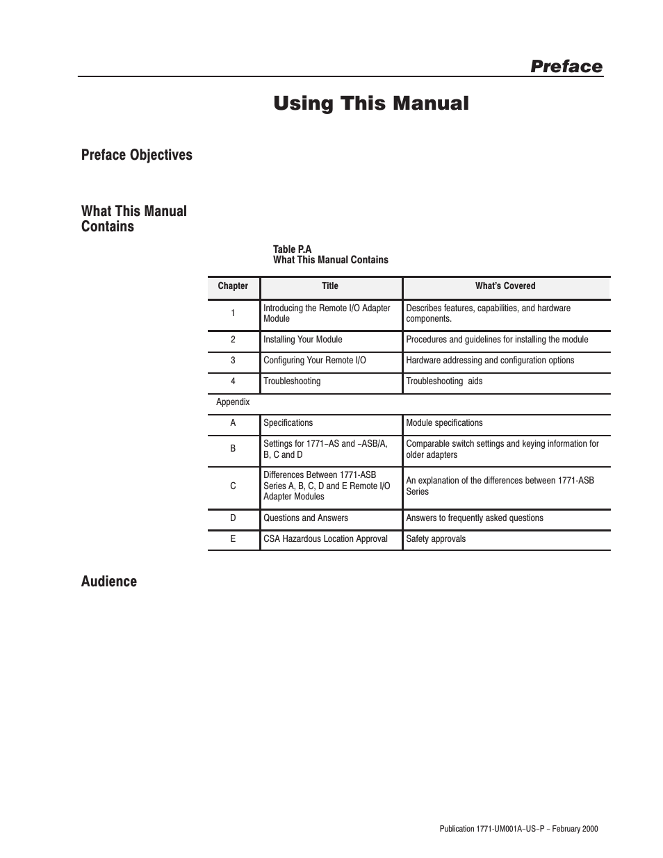 Preface - using this manual, Preface objectives, What this manual contains | Audience, Using this manual, Preface | Rockwell Automation 1771-ASB/E Remote I/O Adapter User Manual User Manual | Page 3 / 94