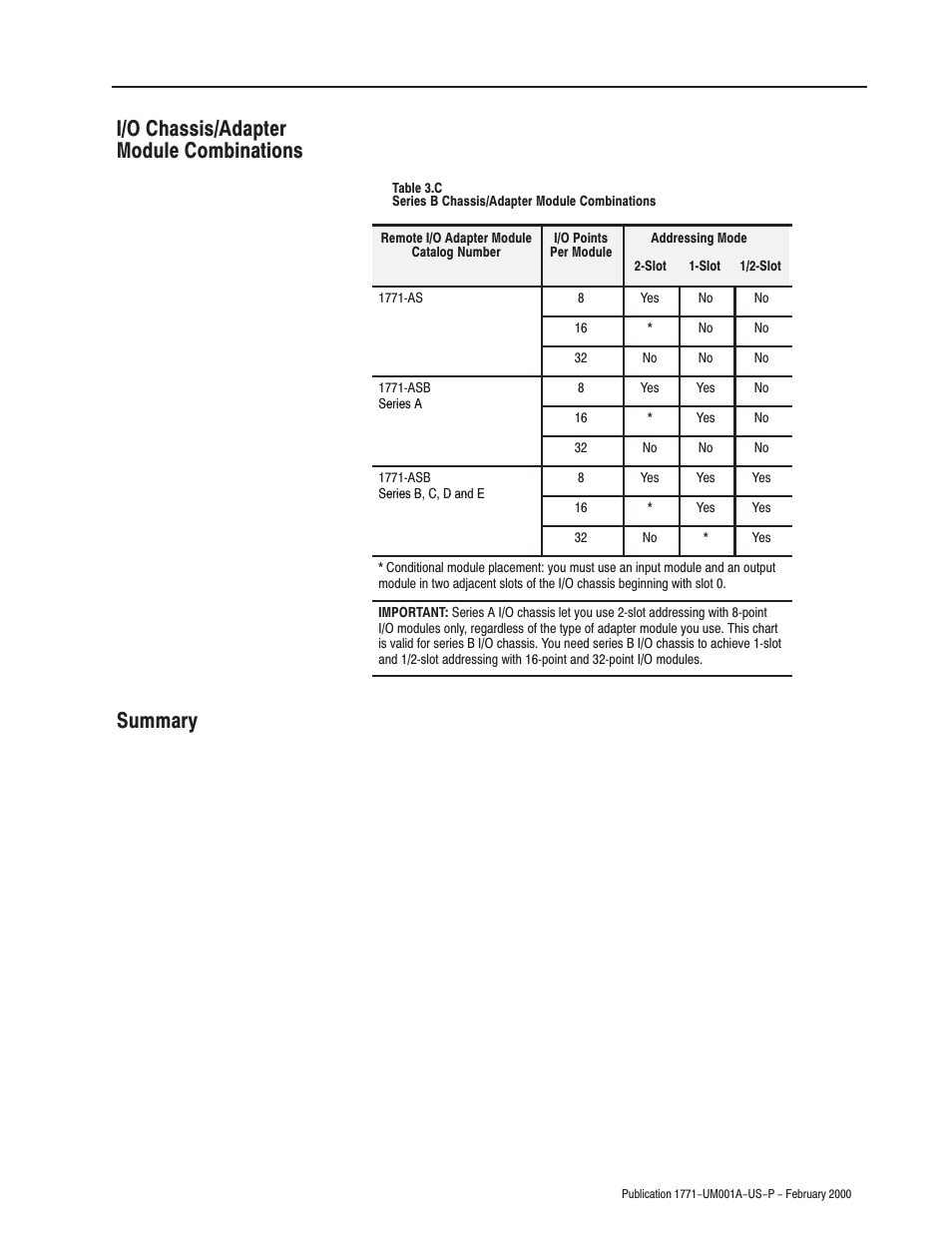 I/o chassis/adapter module combinations, Summary, I/o chassis/adapter module combinations summary | Rockwell Automation 1771-ASB/E Remote I/O Adapter User Manual User Manual | Page 55 / 94