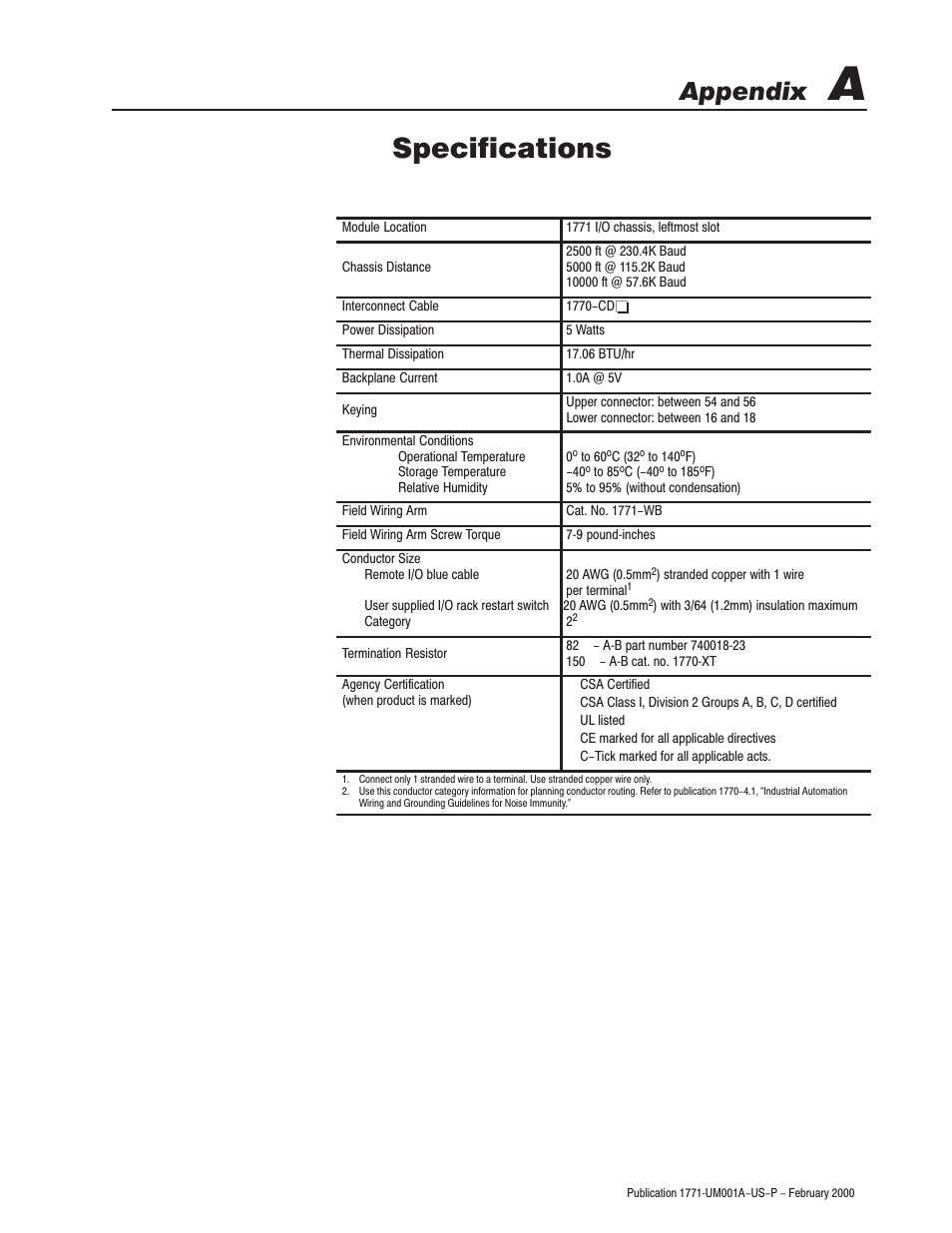 A - specifications, Specifications, Appendix | Rockwell Automation 1771-ASB/E Remote I/O Adapter User Manual User Manual | Page 61 / 94