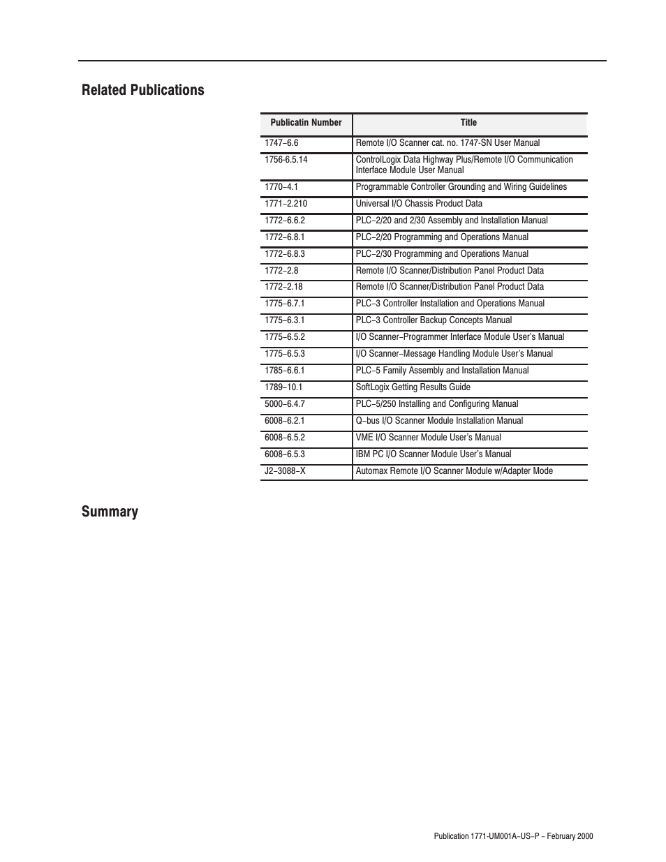 Related publications, Summary, Related publications summary | Rockwell Automation 1771-ASB/E Remote I/O Adapter User Manual User Manual | Page 7 / 94