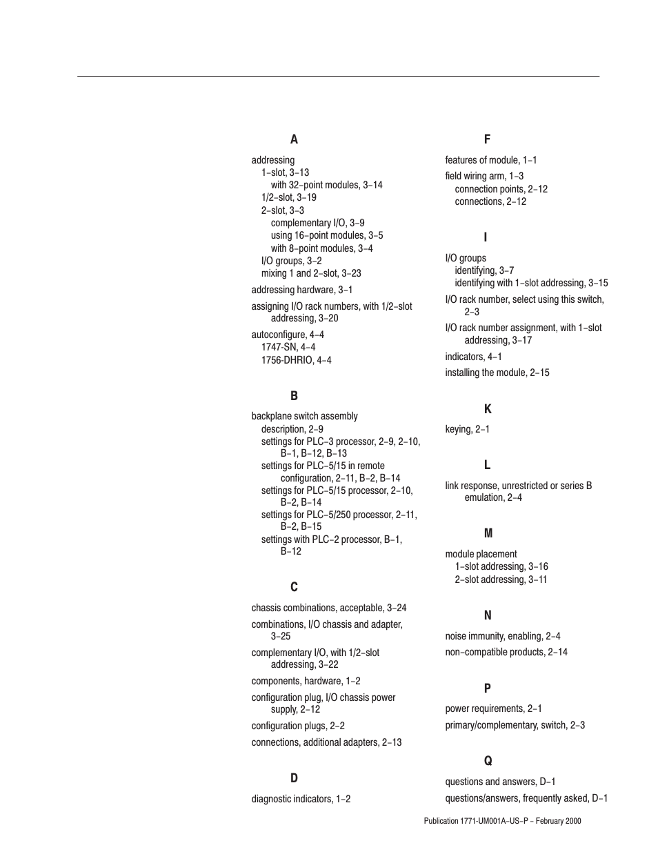 Index | Rockwell Automation 1771-ASB/E Remote I/O Adapter User Manual User Manual | Page 89 / 94