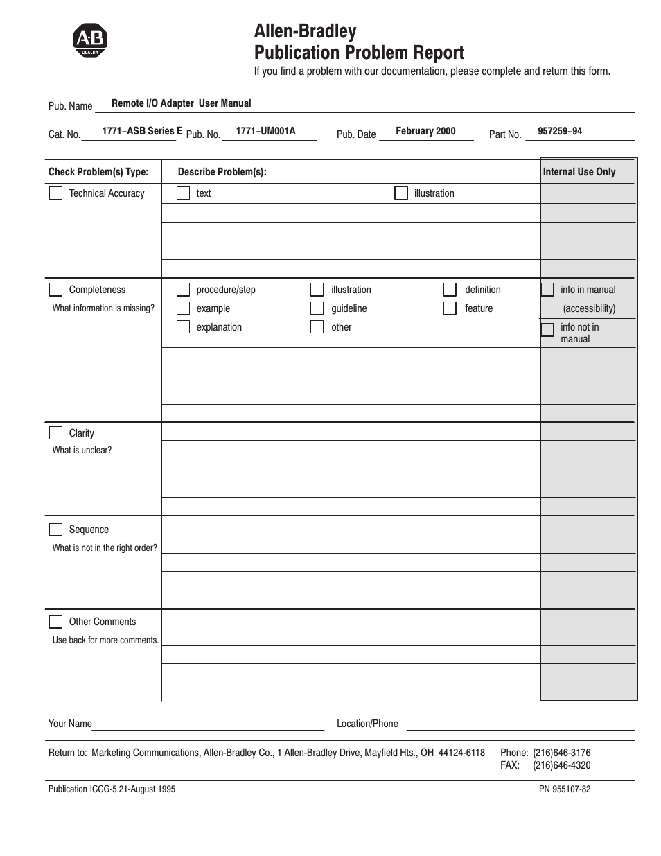 Publication problem report, Allenćbradley publication problem report | Rockwell Automation 1771-ASB/E Remote I/O Adapter User Manual User Manual | Page 91 / 94