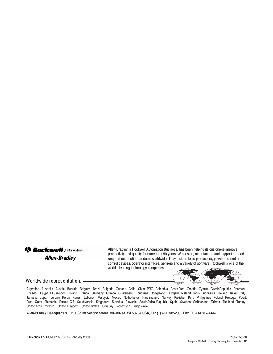 Back cover, Worldwide representation | Rockwell Automation 1771-ASB/E Remote I/O Adapter User Manual User Manual | Page 94 / 94