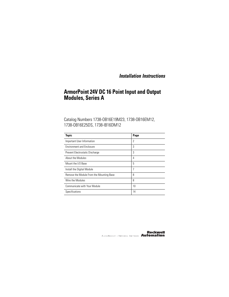 Rockwell Automation 1738-IB16DM12 ArmorPoint 24V DC 16 Point Input and Output Modules  User Manual | 20 pages