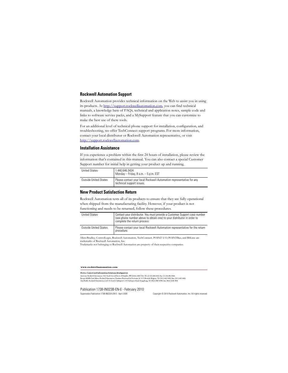 Back cover, Rockwell automation support, Installation assistance | New product satisfaction return | Rockwell Automation 1738-IB16DM12 ArmorPoint 24V DC 16 Point Input and Output Modules  User Manual | Page 20 / 20