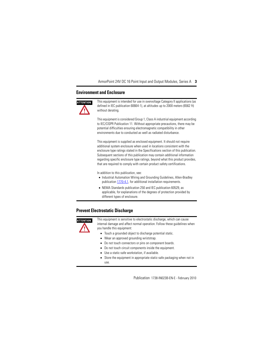 Environment and enclosure, Prevent electrostatic discharge | Rockwell Automation 1738-IB16DM12 ArmorPoint 24V DC 16 Point Input and Output Modules  User Manual | Page 3 / 20
