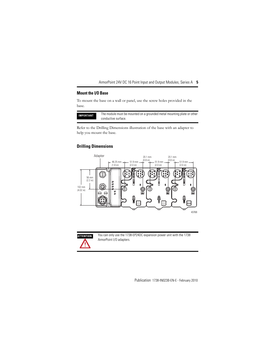 Mount the i/o base, Drilling dimensions | Rockwell Automation 1738-IB16DM12 ArmorPoint 24V DC 16 Point Input and Output Modules  User Manual | Page 5 / 20