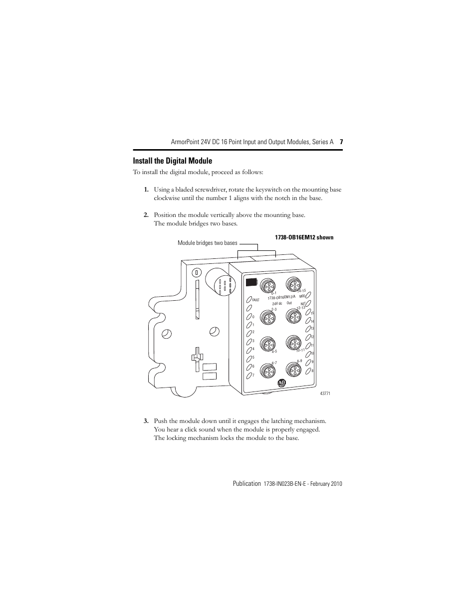 Install the digital module | Rockwell Automation 1738-IB16DM12 ArmorPoint 24V DC 16 Point Input and Output Modules  User Manual | Page 7 / 20