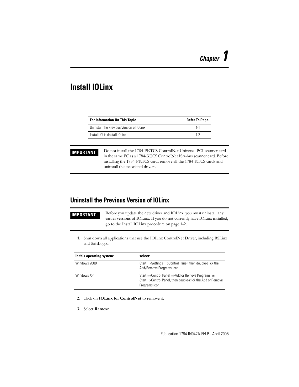 1 - install iolinx, Uninstall the previous version of iolinx, Ter 1 | Install iolinx, Uninstall the previous version of iolinx -1, Chapter | Rockwell Automation 1784-PKTCS ControlNet PCI Scanner Card Installation Instrucitons User Manual | Page 11 / 70