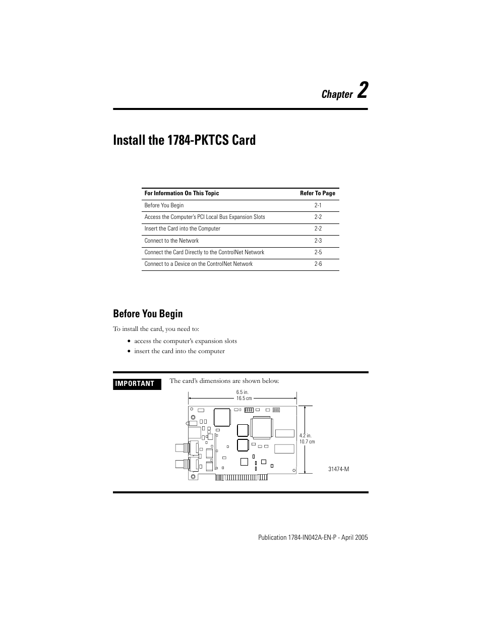 2 - install the 1784-pktcs card, Before you begin, Chapter 2 | Install the 1784-pktcs card, Before you begin -1, Chapter | Rockwell Automation 1784-PKTCS ControlNet PCI Scanner Card Installation Instrucitons User Manual | Page 17 / 70