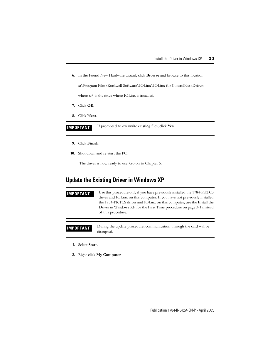 Update the existing driver in windows xp, Update the existing driver in windows xp -3, Update the existing driver in windows xp pro | Rockwell Automation 1784-PKTCS ControlNet PCI Scanner Card Installation Instrucitons User Manual | Page 29 / 70