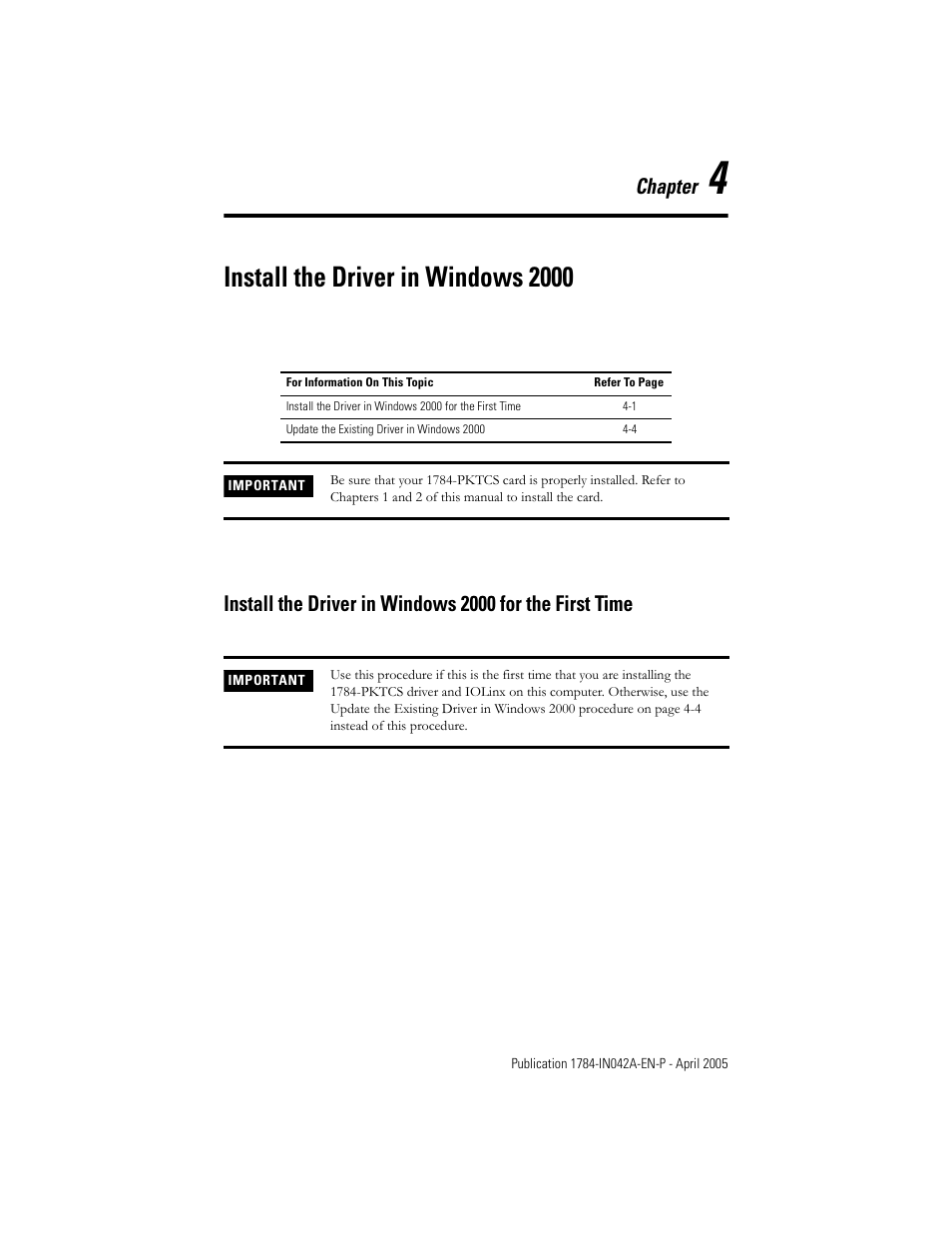 4 - install the driver in windows 2000, Chapter 4, Install the driver in windows 2000 | Chapter | Rockwell Automation 1784-PKTCS ControlNet PCI Scanner Card Installation Instrucitons User Manual | Page 33 / 70