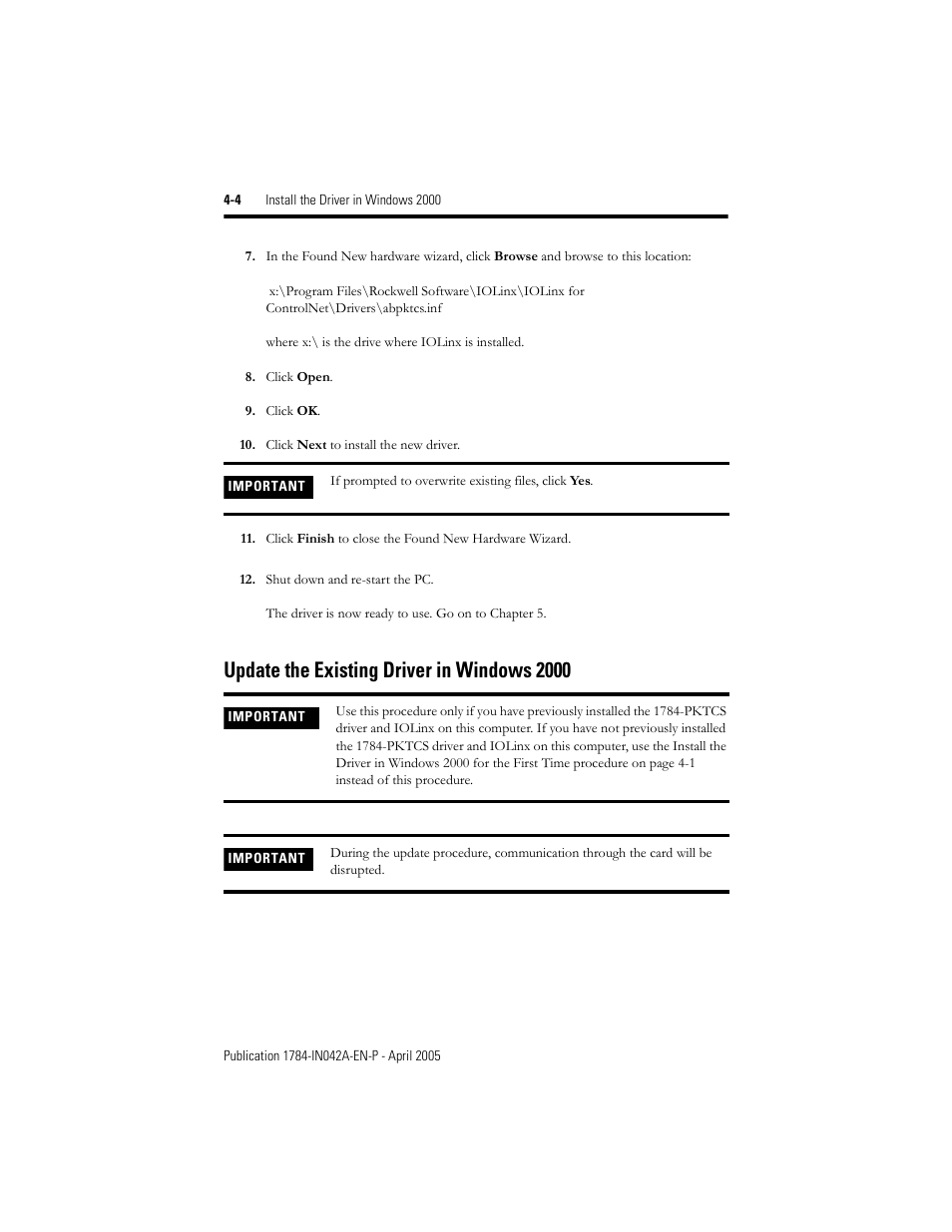 Update the existing driver in windows 2000, Update the existing driver in windows 2000 -4 | Rockwell Automation 1784-PKTCS ControlNet PCI Scanner Card Installation Instrucitons User Manual | Page 36 / 70