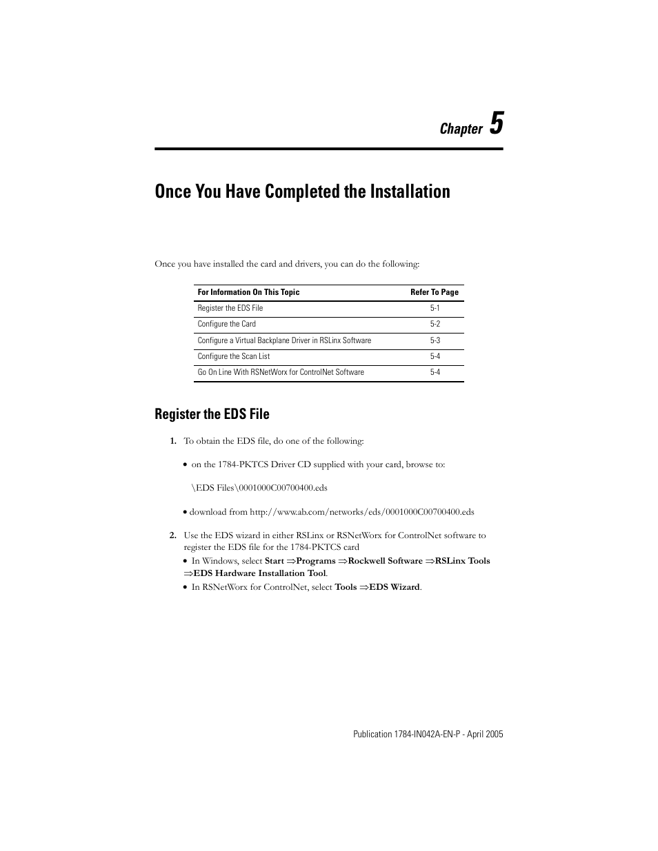 5 - once you have completed the installation, Register the eds file, Chapter 5 | Once you have completed the installation, Register the eds file -1, Chapter | Rockwell Automation 1784-PKTCS ControlNet PCI Scanner Card Installation Instrucitons User Manual | Page 41 / 70
