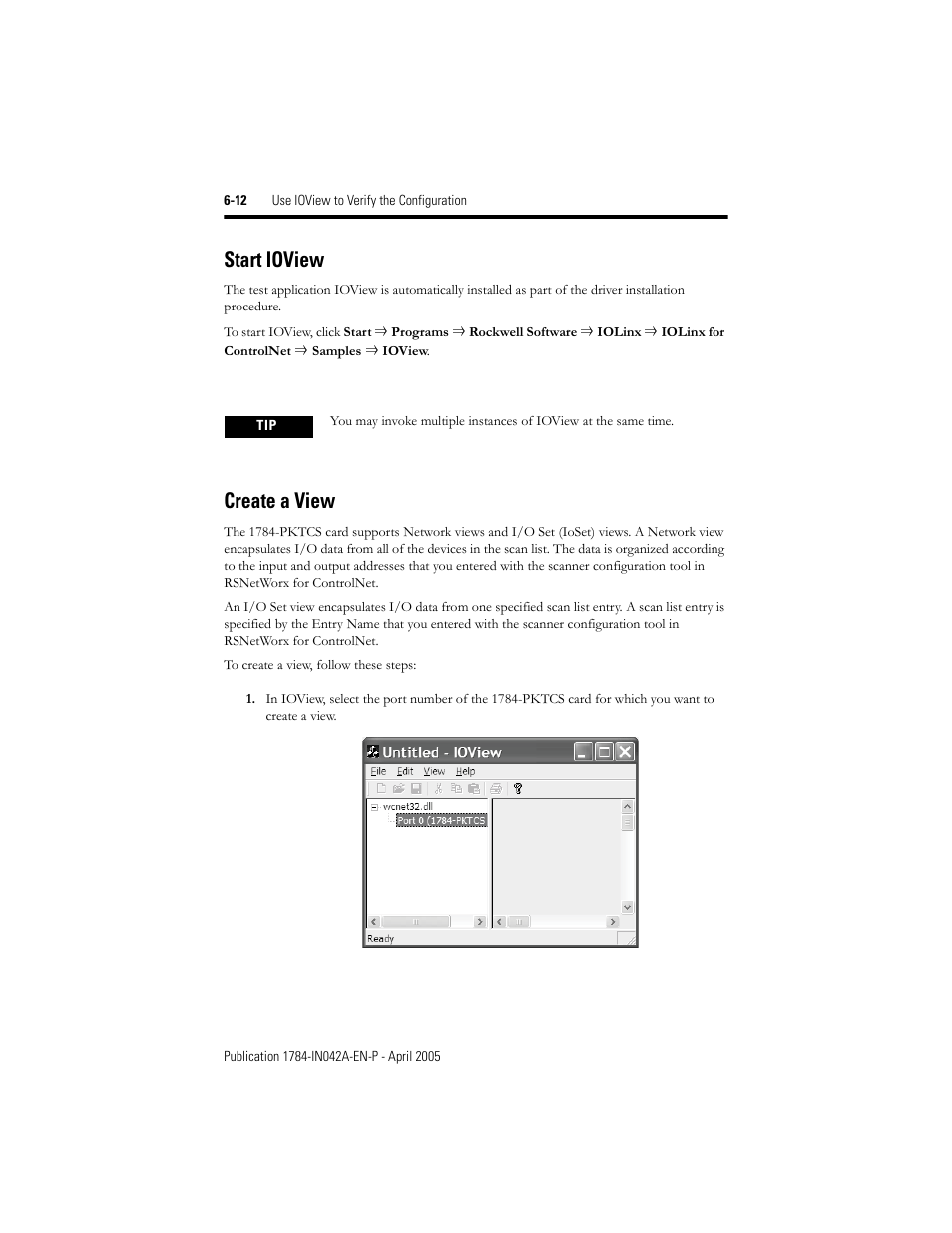Start ioview, Create a view, Start ioview -12 create a view -12 | Rockwell Automation 1784-PKTCS ControlNet PCI Scanner Card Installation Instrucitons User Manual | Page 52 / 70