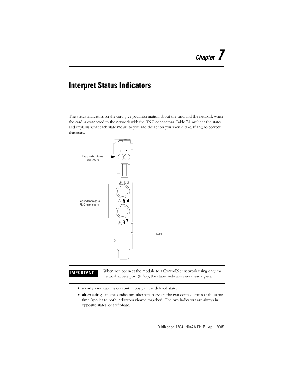 7 - interpret status indicators, Chapter 7, Interpret status indicators | Chapter | Rockwell Automation 1784-PKTCS ControlNet PCI Scanner Card Installation Instrucitons User Manual | Page 57 / 70