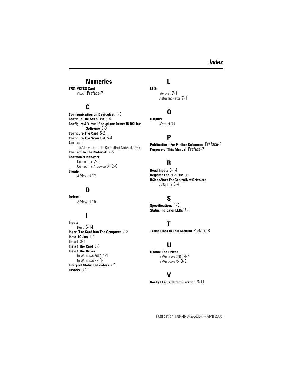 Index, Index numerics | Rockwell Automation 1784-PKTCS ControlNet PCI Scanner Card Installation Instrucitons User Manual | Page 65 / 70