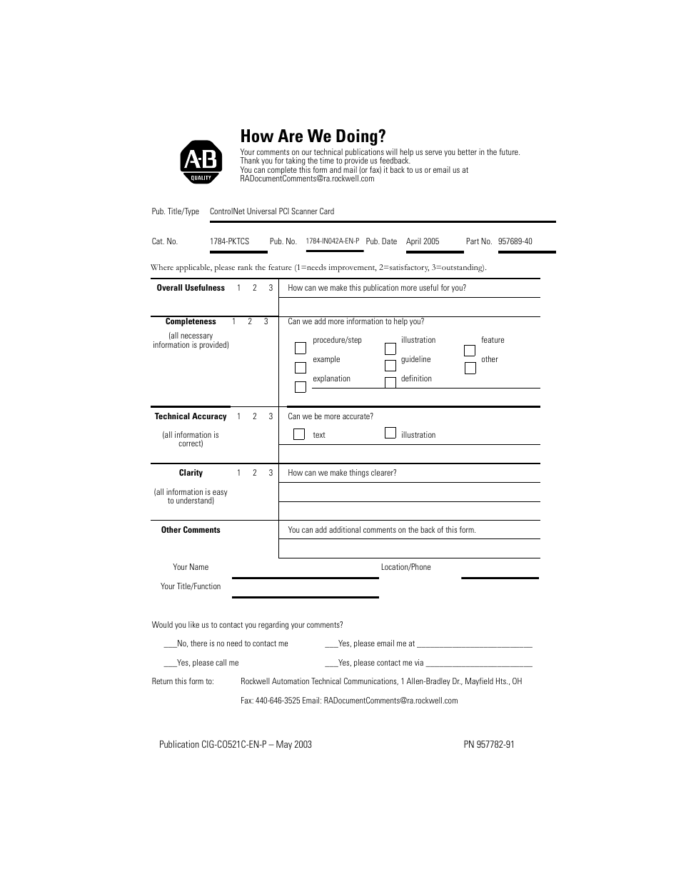 How are we doing | Rockwell Automation 1784-PKTCS ControlNet PCI Scanner Card Installation Instrucitons User Manual | Page 67 / 70