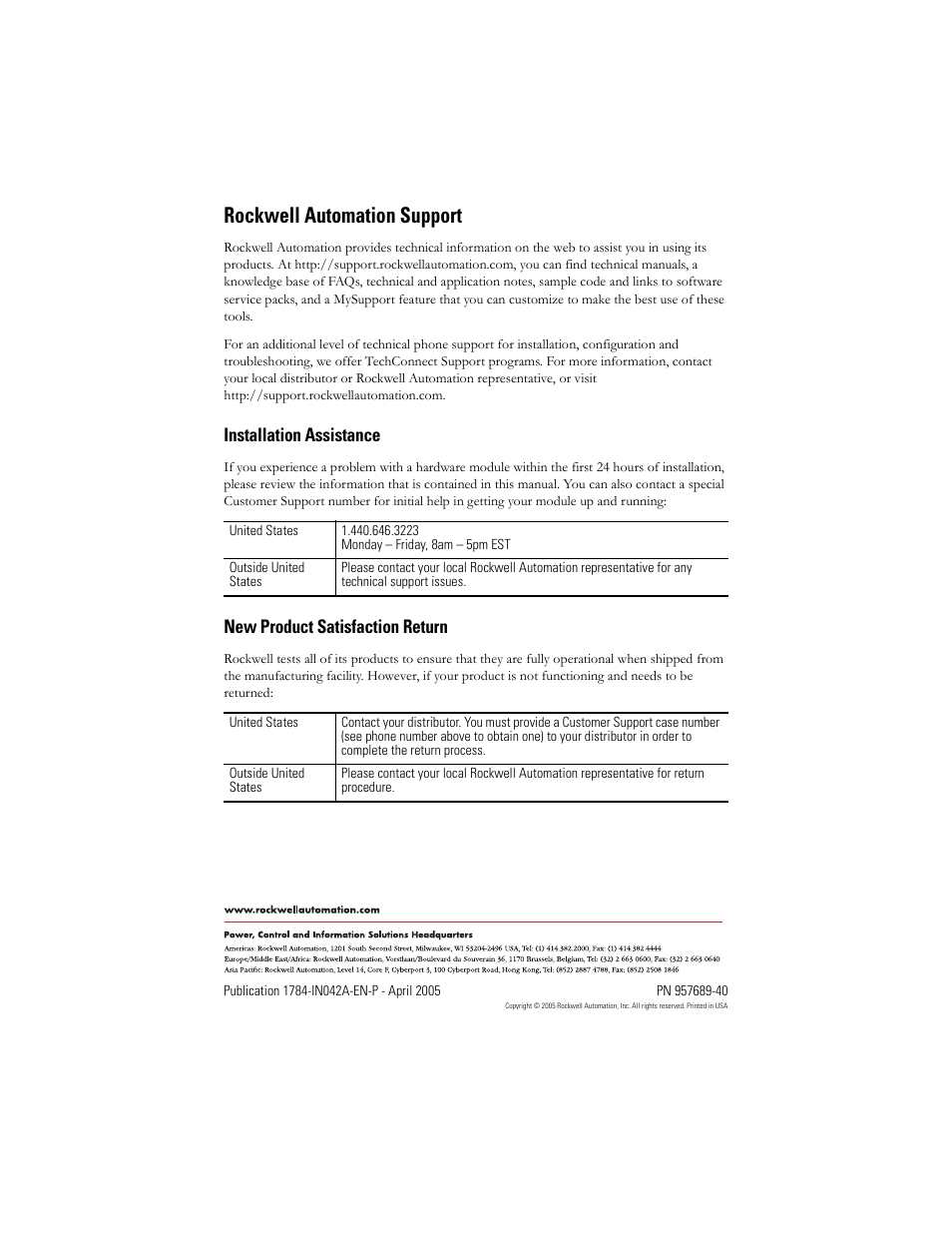 Back cover, Rockwell automation support, Installation assistance | New product satisfaction return | Rockwell Automation 1784-PKTCS ControlNet PCI Scanner Card Installation Instrucitons User Manual | Page 70 / 70