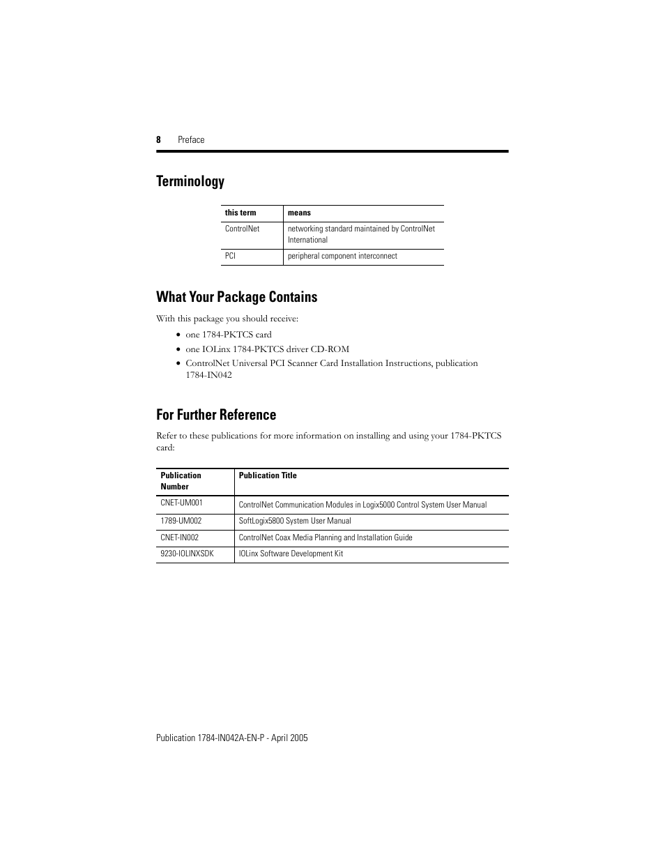 Terminology, What your package contains, For further reference | Terminology what your package contains | Rockwell Automation 1784-PKTCS ControlNet PCI Scanner Card Installation Instrucitons User Manual | Page 8 / 70