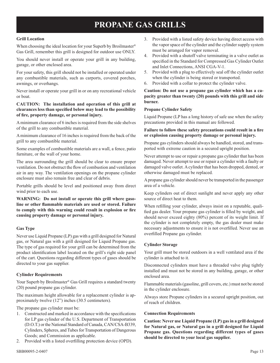 Propane gas grills | Broilmaster SBG2801-1 User Manual | Page 13 / 24