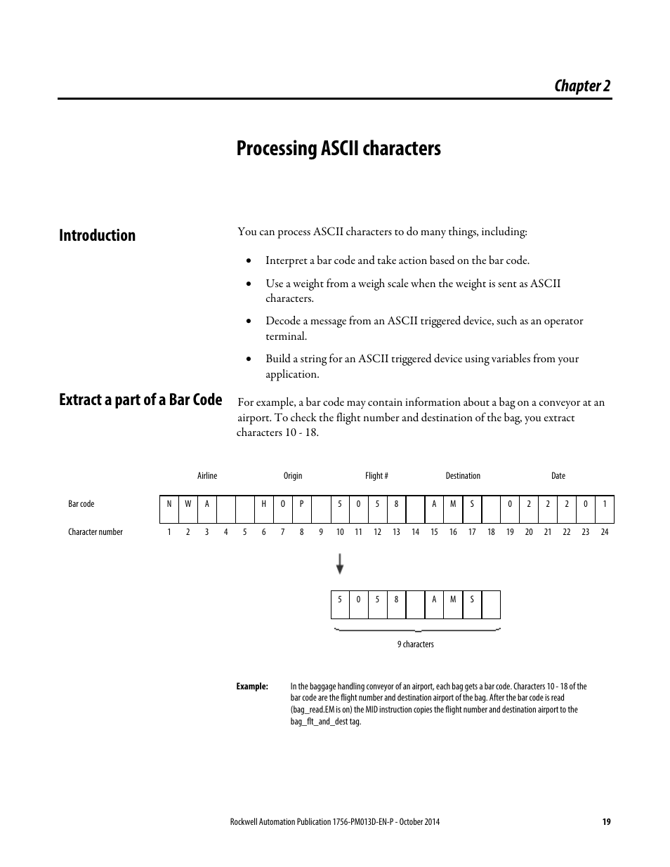 2 - processing ascii characters, Introduction, Extract a part of a bar code | Chapter 2, Processing ascii characters, Introduction extract a part of a bar code | Rockwell Automation Logix5000 Controllers ASCII Strings Programming Manual User Manual | Page 19 / 32