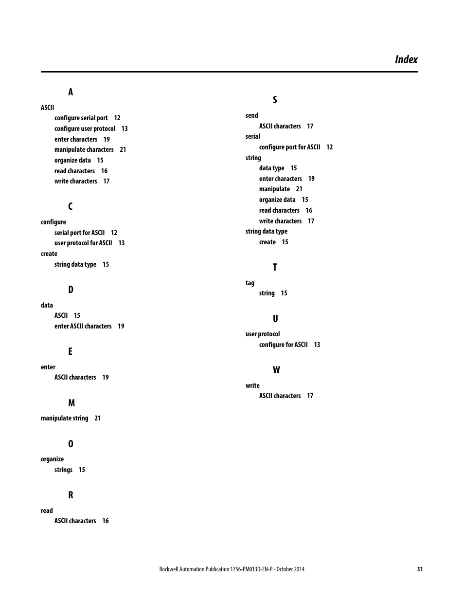 Index | Rockwell Automation Logix5000 Controllers ASCII Strings Programming Manual User Manual | Page 31 / 32
