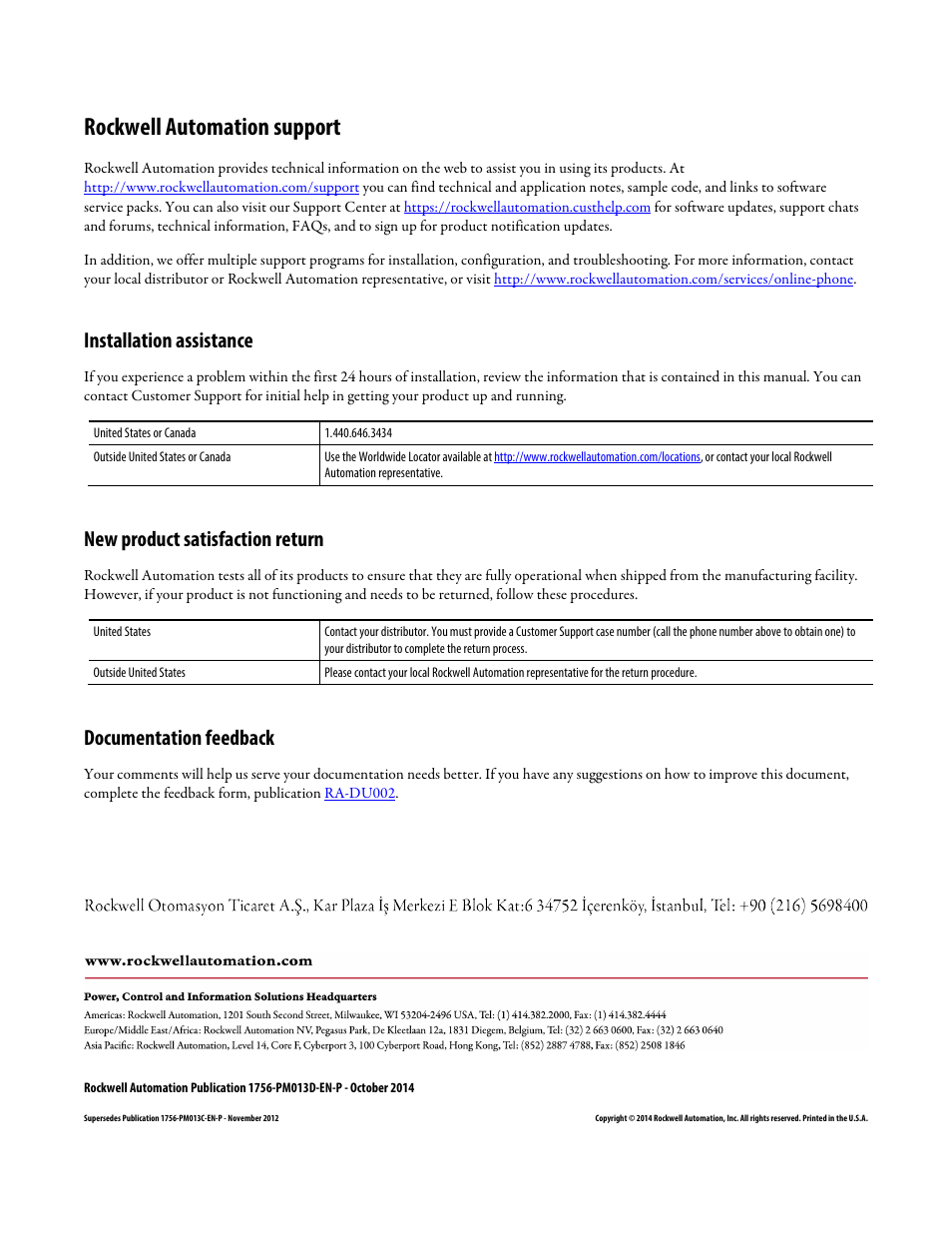 Rockwell automation support, Installation assistance, New product satisfaction return | Documentation feedback | Rockwell Automation Logix5000 Controllers ASCII Strings Programming Manual User Manual | Page 32 / 32