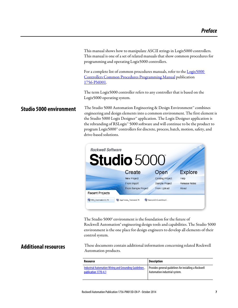 Preface, Studio 5000 environment, Additional resources | Studio 5000 environment additional resources | Rockwell Automation Logix5000 Controllers ASCII Strings Programming Manual User Manual | Page 7 / 32