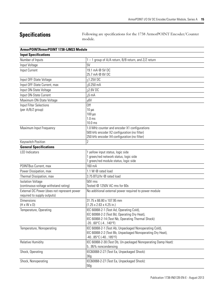 Specifications | Rockwell Automation 1738-IJM23 ArmorPOINT I/O 5V DC Encoder/Counter Modules, Series A User Manual | Page 15 / 18