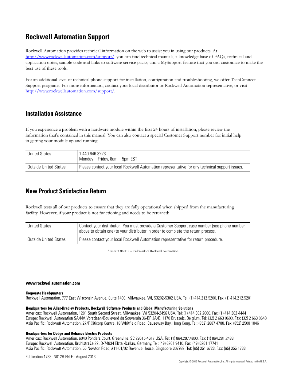 Back cover, Rockwell automation support, Installation assistance | New product satisfaction return | Rockwell Automation 1738-IJM23 ArmorPOINT I/O 5V DC Encoder/Counter Modules, Series A User Manual | Page 18 / 18
