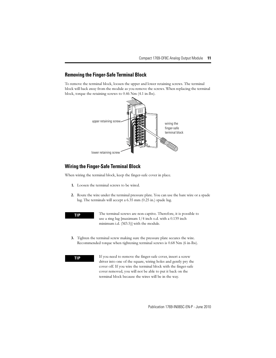 Removing the finger-safe terminal block, Wiring the finger-safe terminal block | Rockwell Automation 1769-OF8C Compact Analog Output Module User Manual | Page 11 / 32