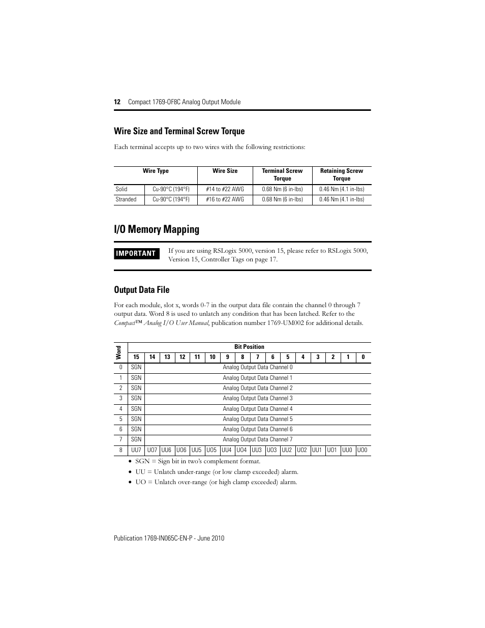 I/o memory mapping, Wire size and terminal screw torque, Output data file | Rockwell Automation 1769-OF8C Compact Analog Output Module User Manual | Page 12 / 32
