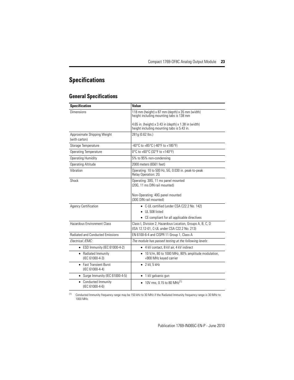 Specifications, General specifications | Rockwell Automation 1769-OF8C Compact Analog Output Module User Manual | Page 23 / 32