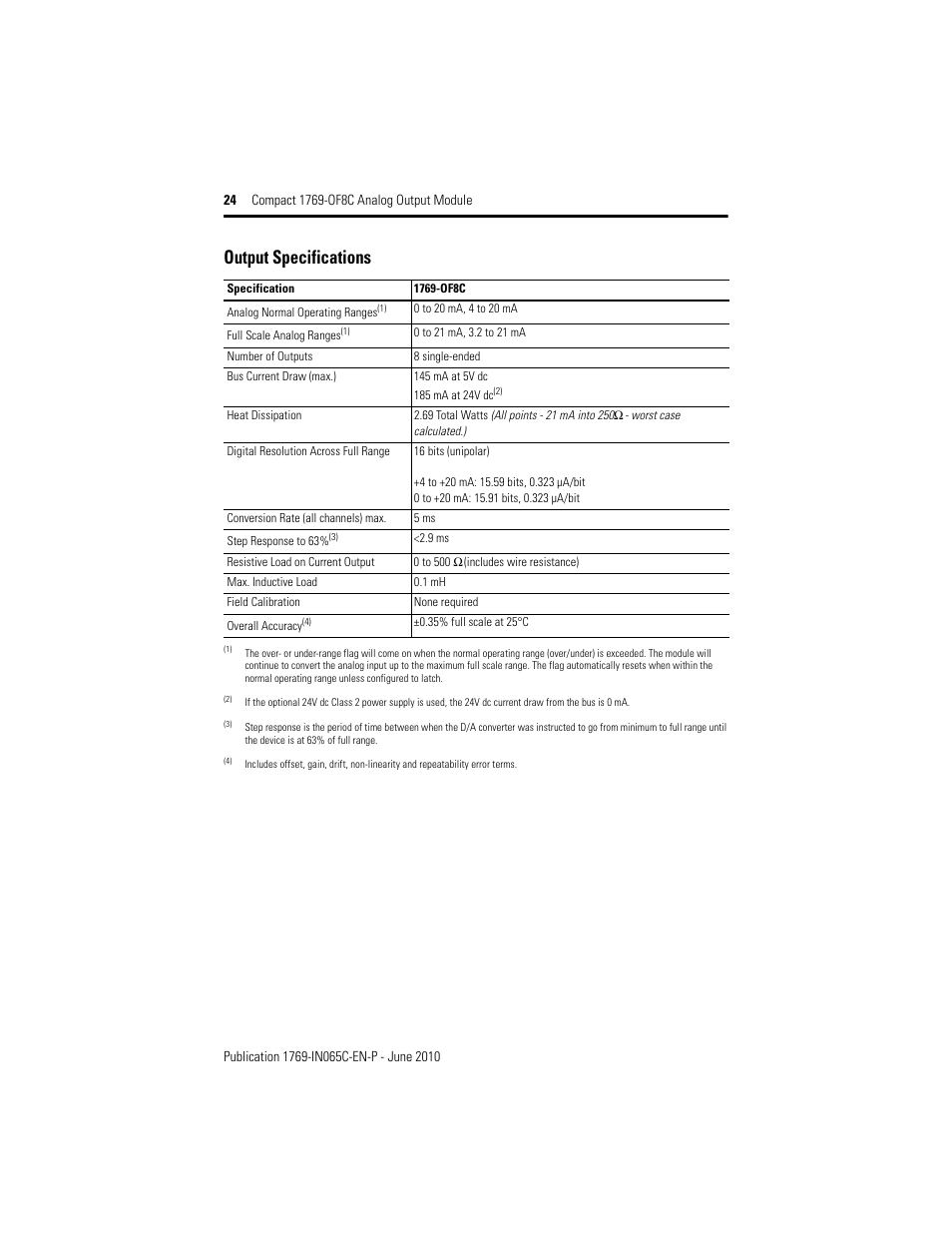Output specifications | Rockwell Automation 1769-OF8C Compact Analog Output Module User Manual | Page 24 / 32