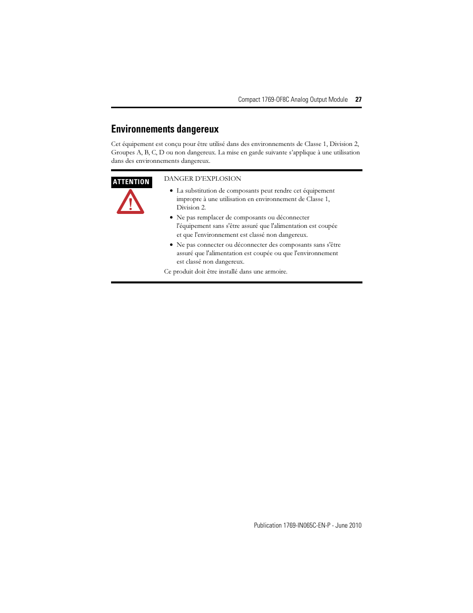 Environnements dangereux | Rockwell Automation 1769-OF8C Compact Analog Output Module User Manual | Page 27 / 32