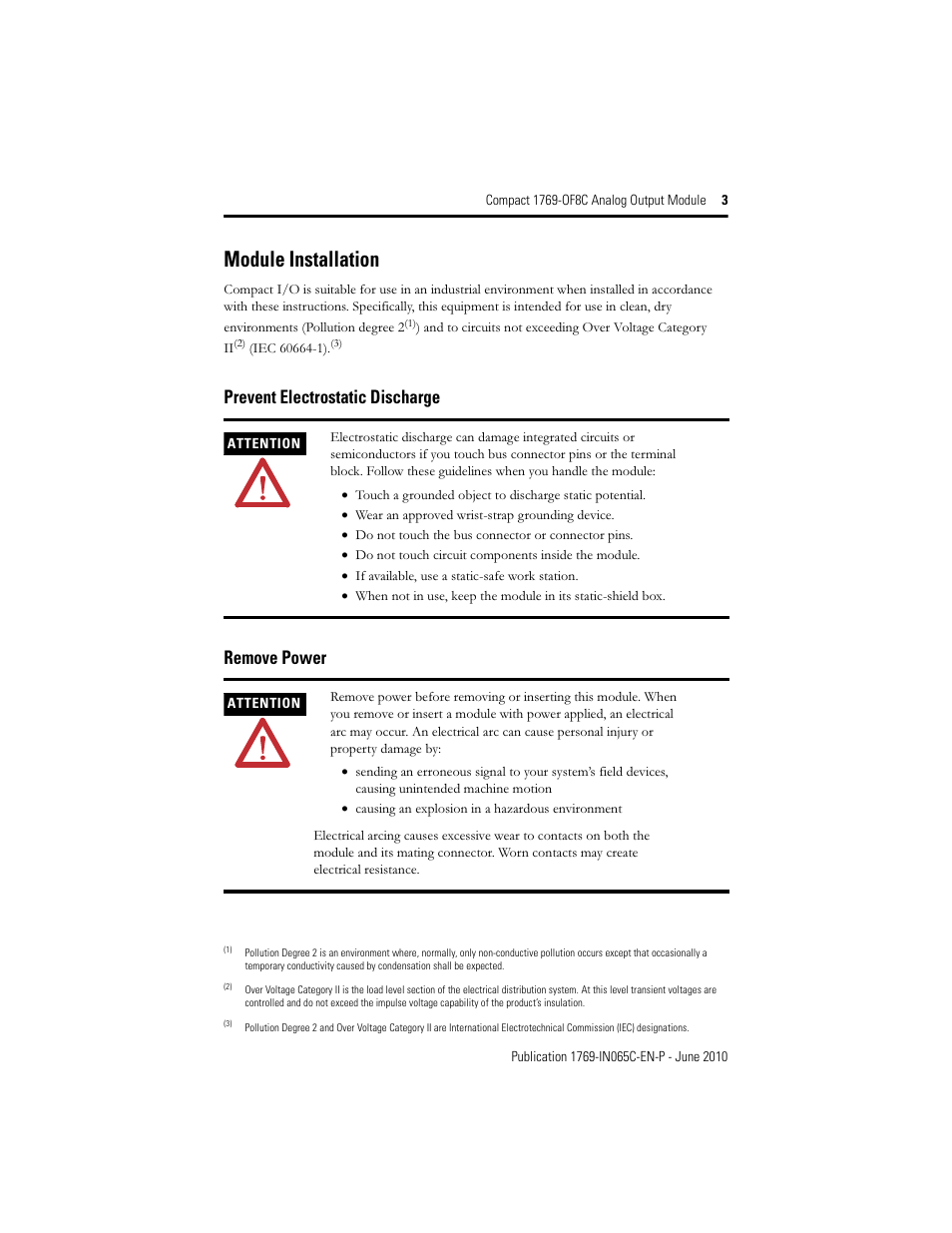Module installation, Prevent electrostatic discharge remove power | Rockwell Automation 1769-OF8C Compact Analog Output Module User Manual | Page 3 / 32