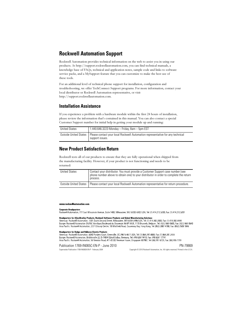 Back cover, Rockwell automation support, Installation assistance | New product satisfaction return | Rockwell Automation 1769-OF8C Compact Analog Output Module User Manual | Page 32 / 32