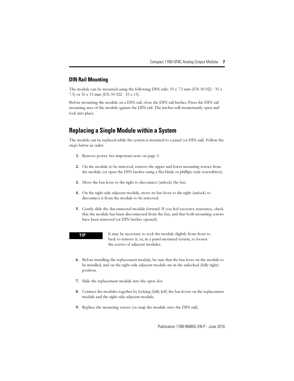 Replacing a single module within a system, Din rail mounting | Rockwell Automation 1769-OF8C Compact Analog Output Module User Manual | Page 7 / 32