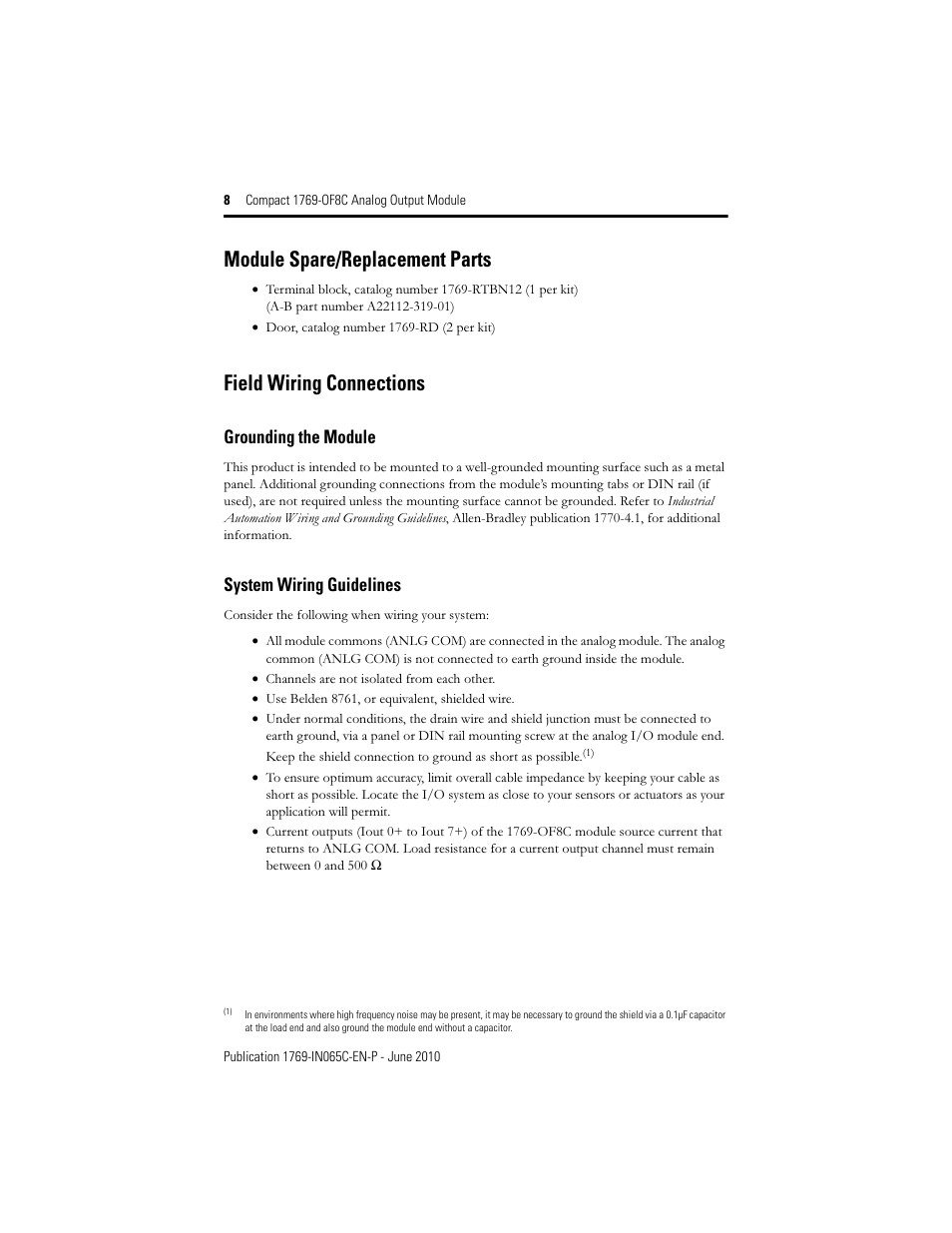 Module spare/ replacement parts, Field wiring connections, Module spare/replacement parts | Grounding the module, System wiring guidelines | Rockwell Automation 1769-OF8C Compact Analog Output Module User Manual | Page 8 / 32