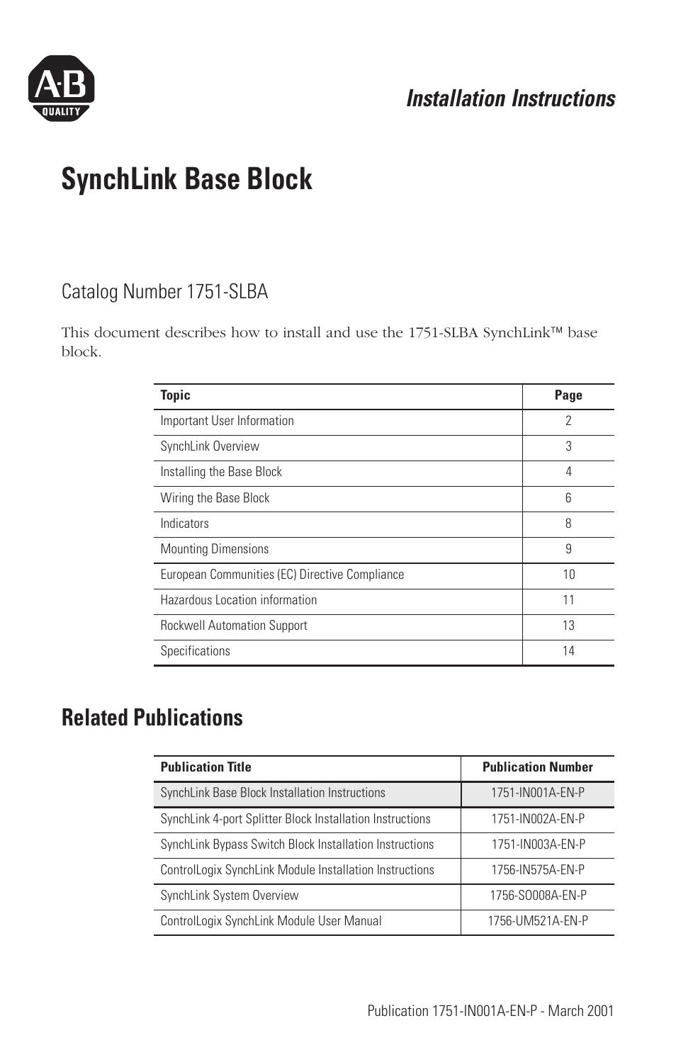 Rockwell Automation 1751 SynchLink Base Block Installation Instructions User Manual | 16 pages