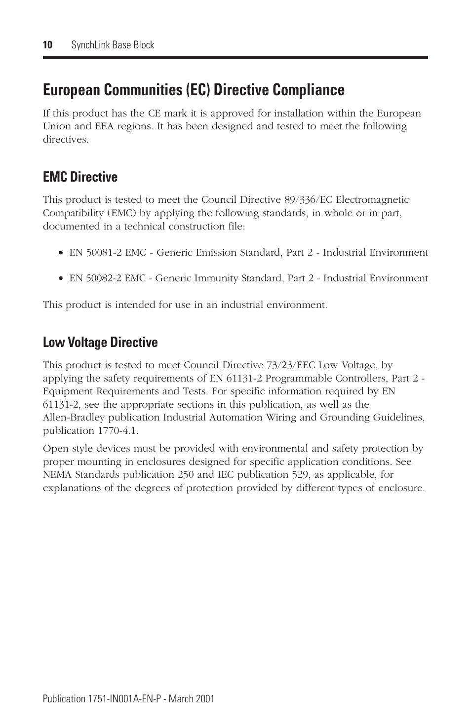 European communities (ec) directive compliance, Emc directive, Low voltage directive | Rockwell Automation 1751 SynchLink Base Block Installation Instructions User Manual | Page 10 / 16