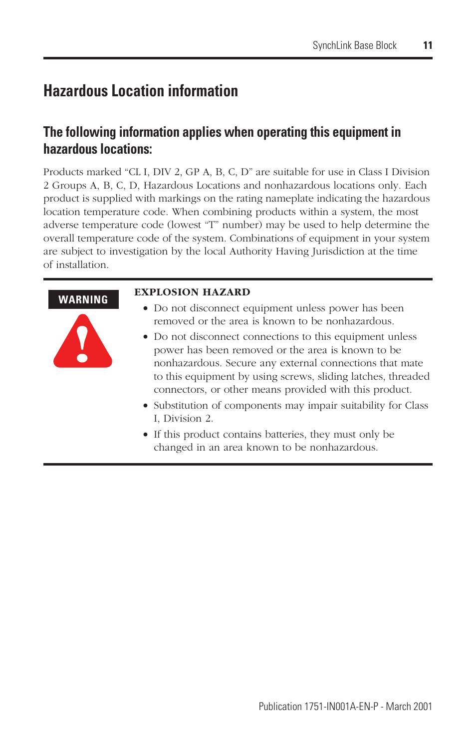Hazardous location information | Rockwell Automation 1751 SynchLink Base Block Installation Instructions User Manual | Page 11 / 16
