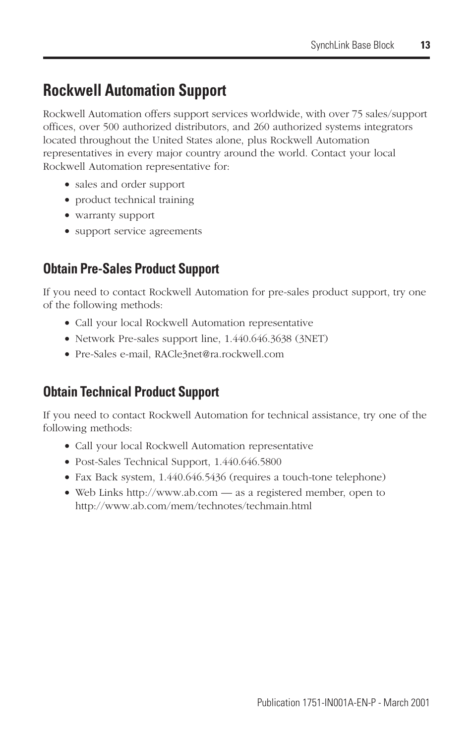 Rockwell automation support, Obtain pre-sales product support, Obtain technical product support | Rockwell Automation 1751 SynchLink Base Block Installation Instructions User Manual | Page 13 / 16