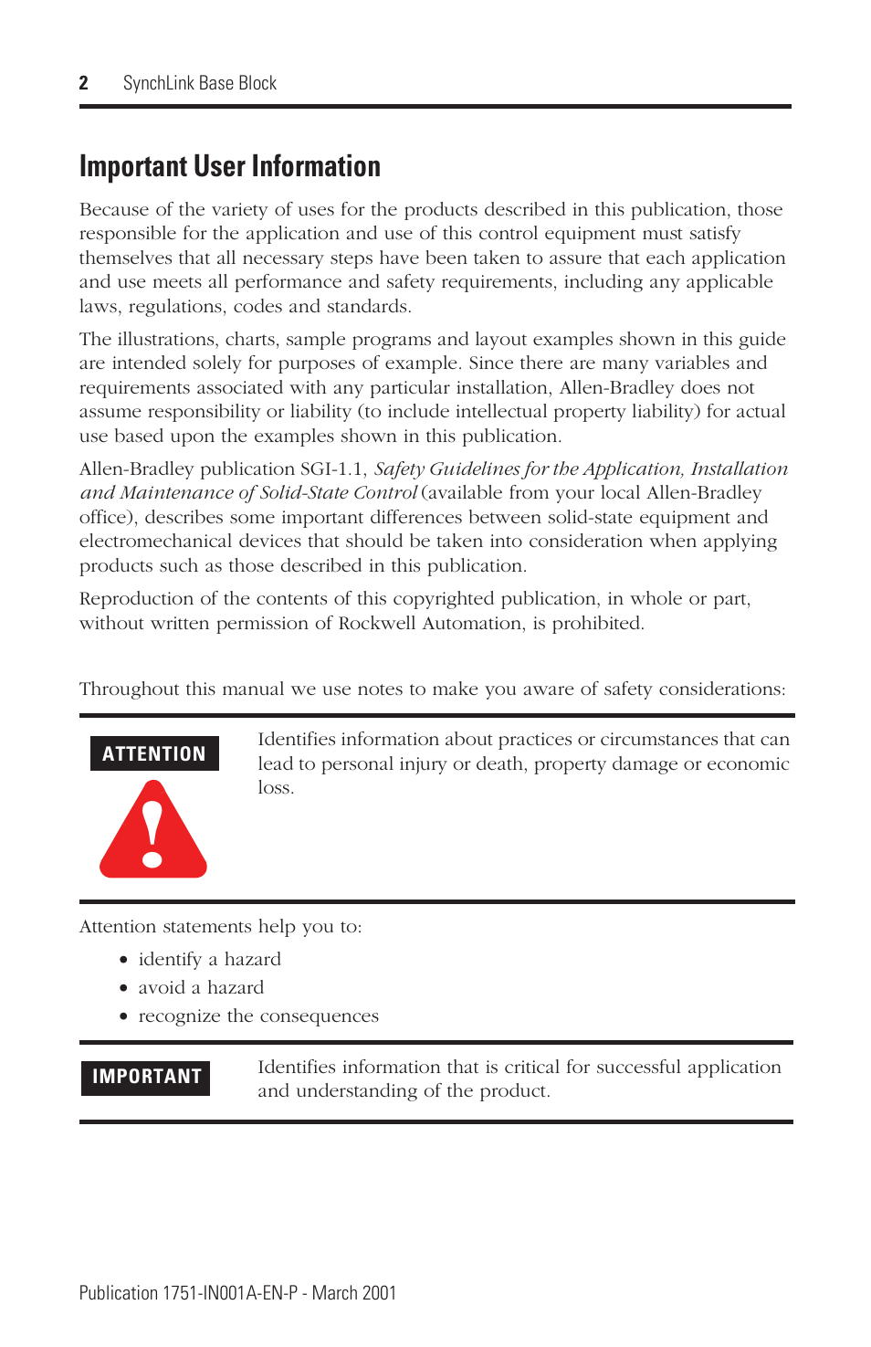 Important user information | Rockwell Automation 1751 SynchLink Base Block Installation Instructions User Manual | Page 2 / 16