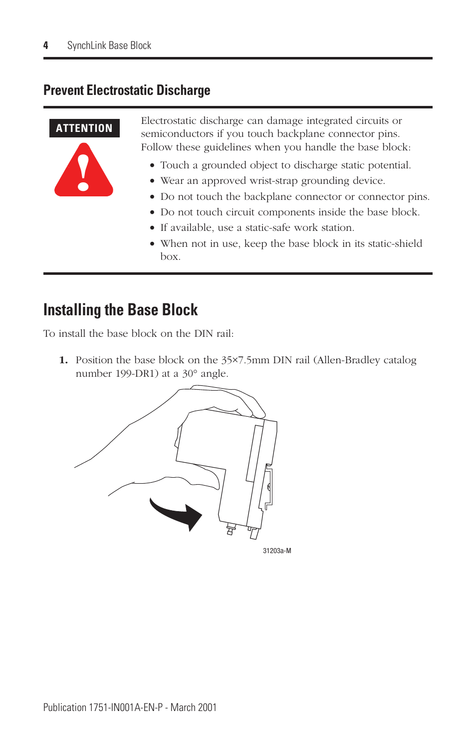 Installing the base block | Rockwell Automation 1751 SynchLink Base Block Installation Instructions User Manual | Page 4 / 16