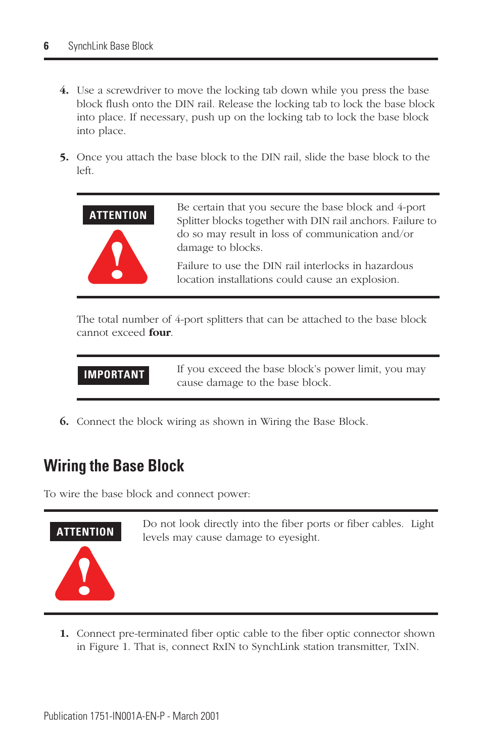 Wiring the base block | Rockwell Automation 1751 SynchLink Base Block Installation Instructions User Manual | Page 6 / 16